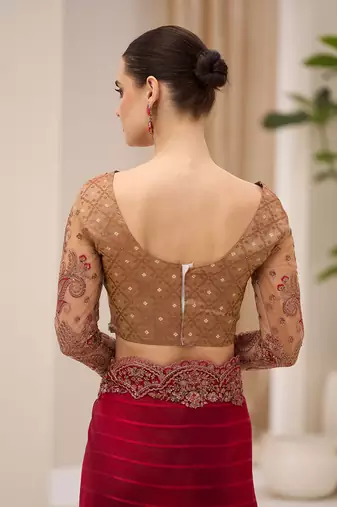 maroon faux georgette satin embroidered saree