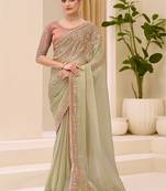 pista green faux tissue embroidered saree