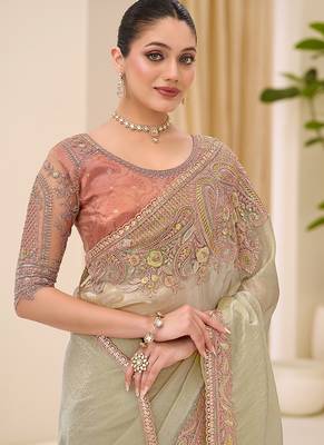 pista green faux tissue embroidered saree 2