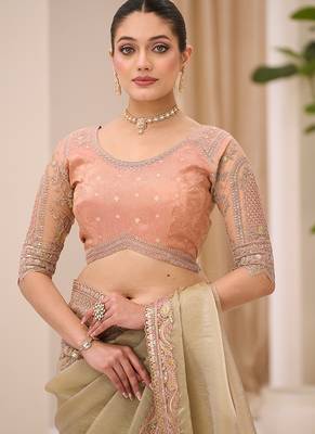 pista green faux tissue embroidered saree 3