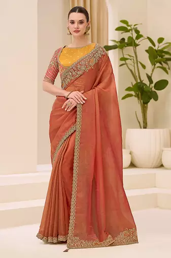 silk blend embroidered saree in rust 