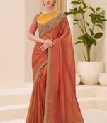 silk blend embroidered saree in rust 