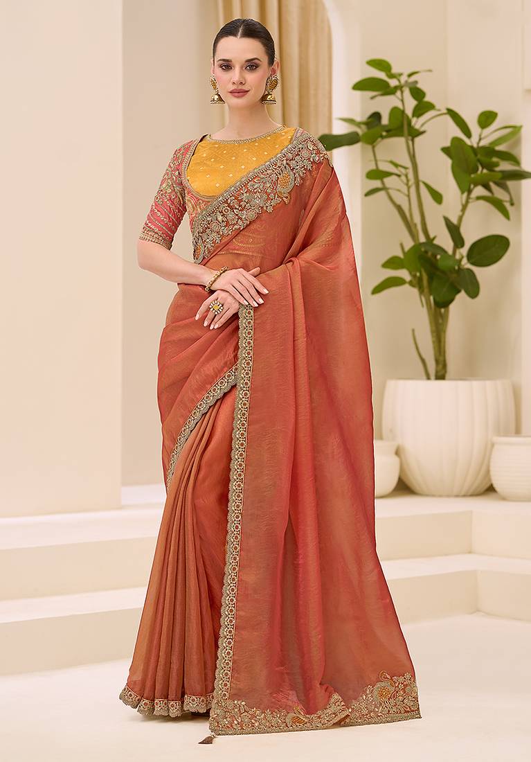 silk blend embroidered saree in rust 