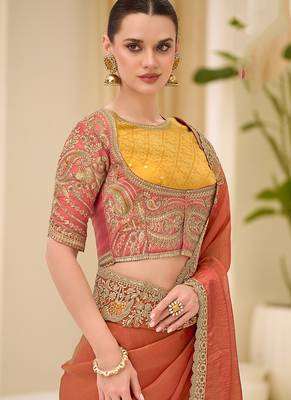 silk blend embroidered saree in rust  2