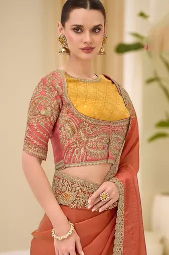 silk blend embroidered saree in rust 