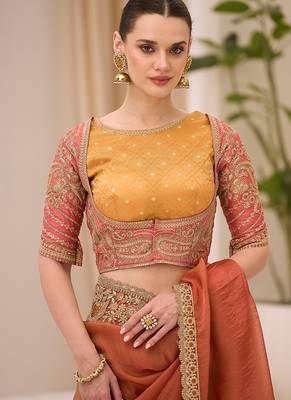 silk blend embroidered saree in rust  3