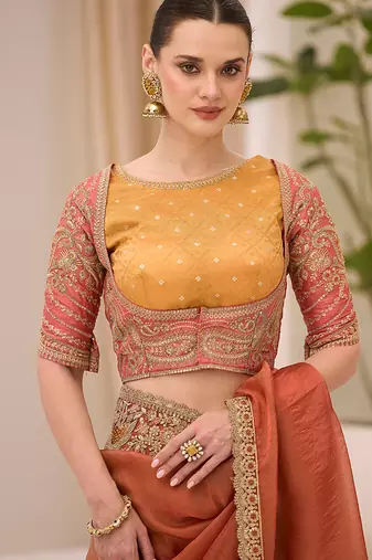 silk blend embroidered saree in rust 