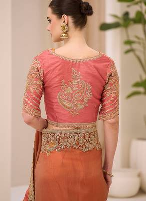 silk blend embroidered saree in rust  4