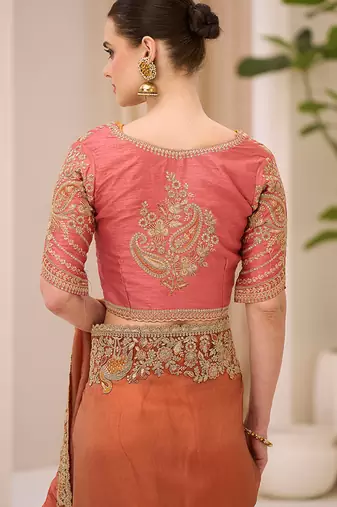 silk blend embroidered saree in rust 