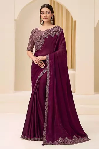 wine faux satin silk blend embroidered saree