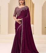 wine faux satin silk blend embroidered saree