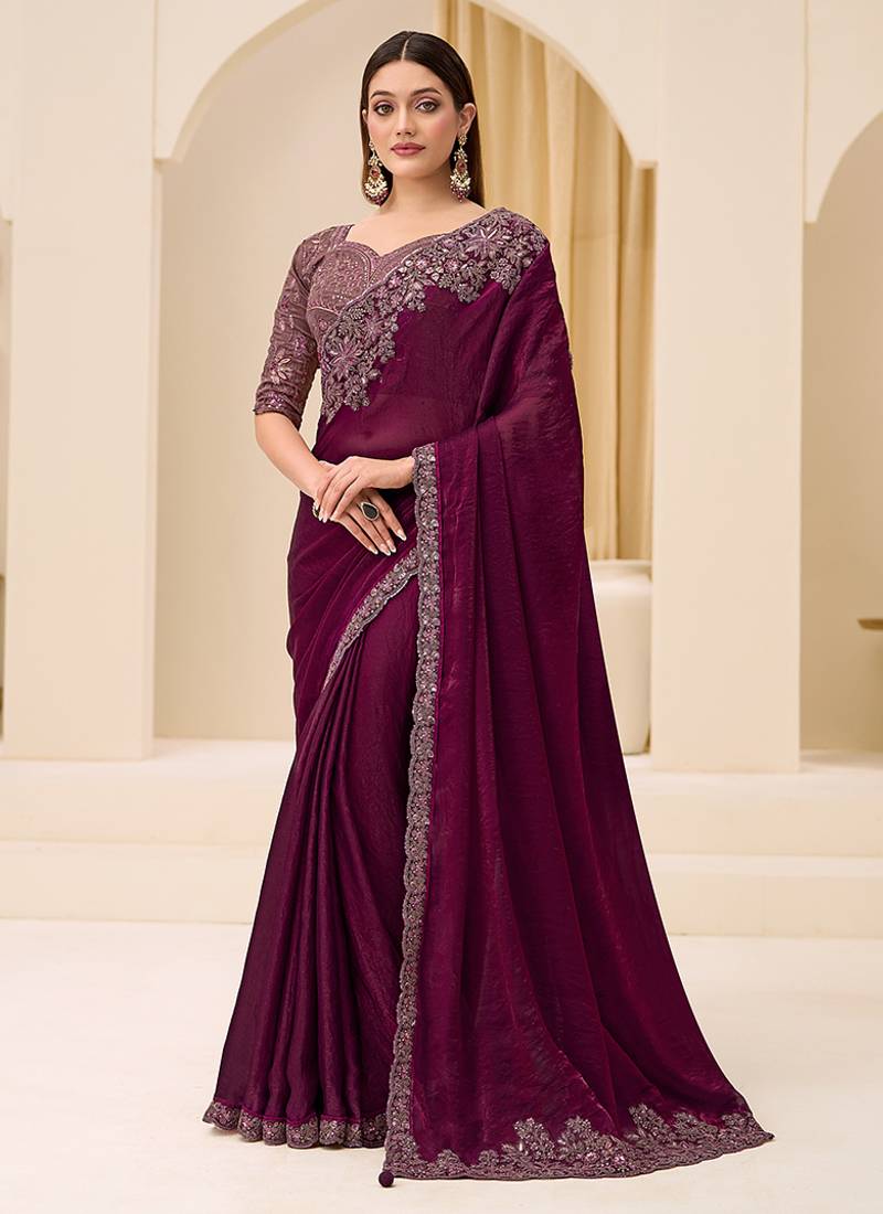 wine faux satin silk blend embroidered saree