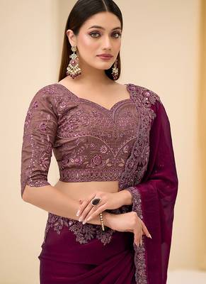 wine faux satin silk blend embroidered saree 2