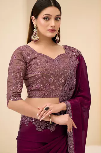 wine faux satin silk blend embroidered saree