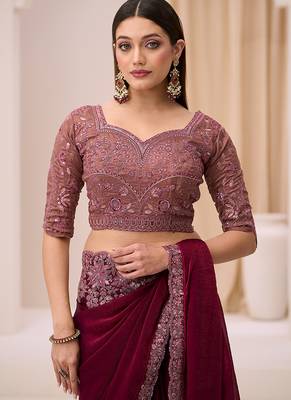 wine faux satin silk blend embroidered saree 3