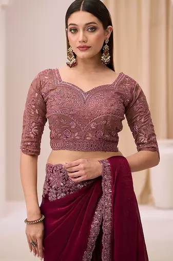 wine faux satin silk blend embroidered saree