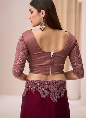 wine faux satin silk blend embroidered saree 4