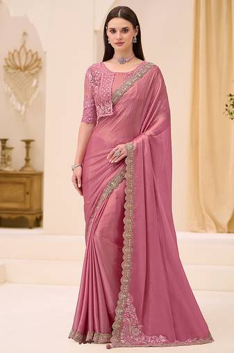 powder pink shimmer faux satin embroidered saree