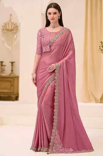 powder pink shimmer faux satin embroidered saree