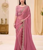 powder pink shimmer faux satin embroidered saree