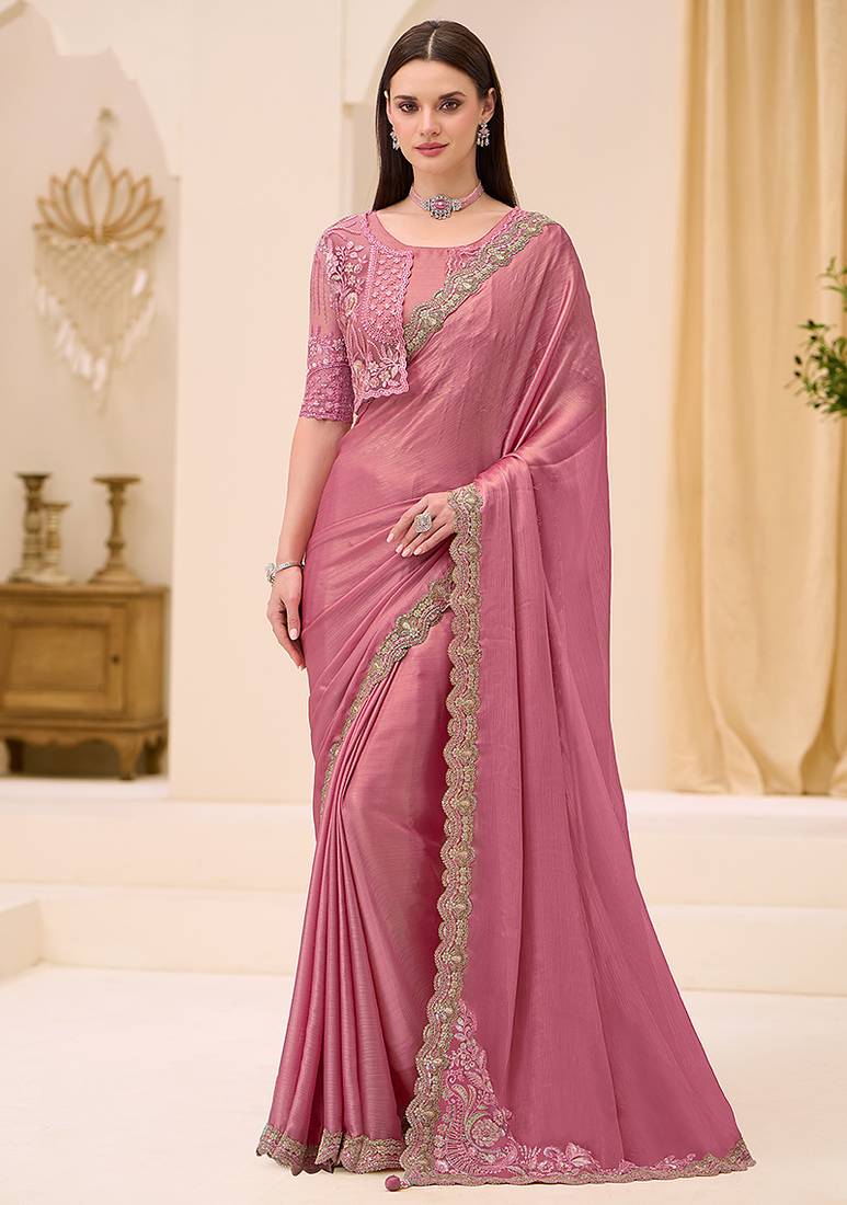 powder pink shimmer faux satin embroidered saree