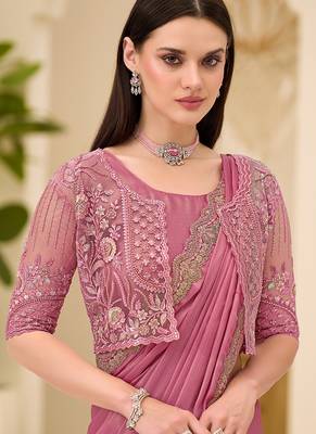 powder pink shimmer faux satin embroidered saree 2