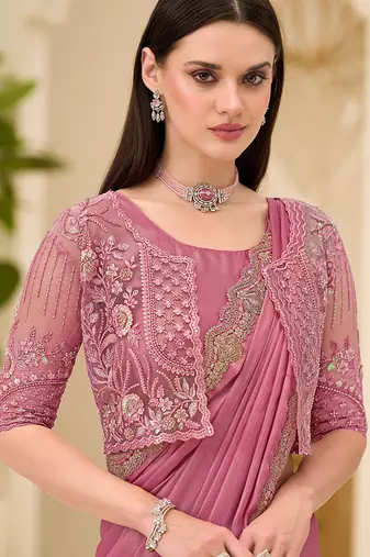 powder pink shimmer faux satin embroidered saree
