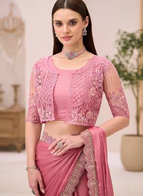 powder pink shimmer faux satin embroidered saree 3