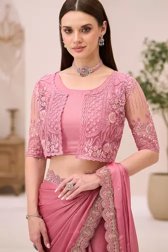 powder pink shimmer faux satin embroidered saree