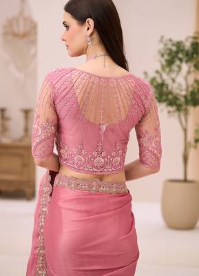 powder pink shimmer faux satin embroidered saree 4
