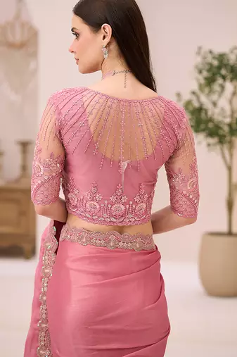 powder pink shimmer faux satin embroidered saree