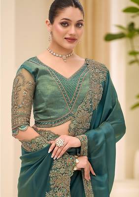 teal green faux tissue embroidered saree 2