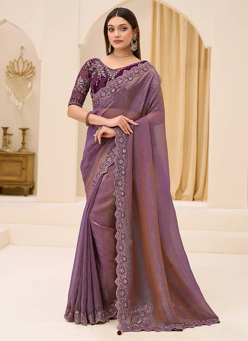 mauve faux georgette embroidered saree
