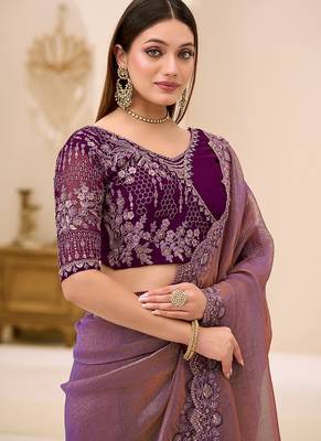 mauve faux georgette embroidered saree 2