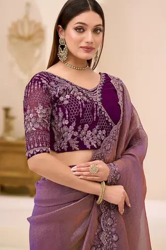 mauve faux georgette embroidered saree