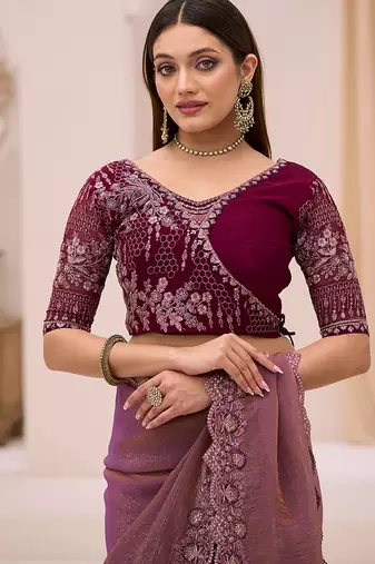 mauve faux georgette embroidered saree