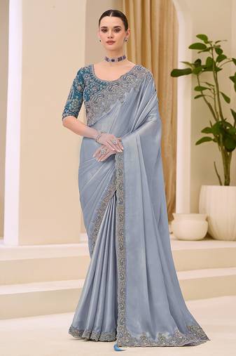Light grey shimmer faux satin embroidered saree