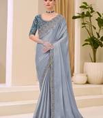 light grey shimmer faux satin embroidered saree
