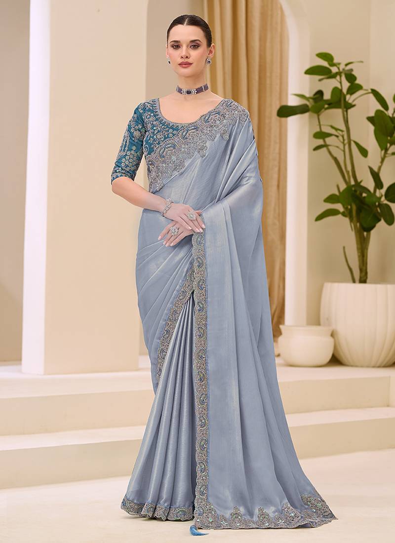 light grey shimmer faux satin embroidered saree