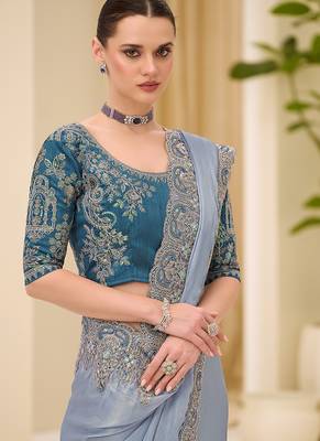 light grey shimmer faux satin embroidered saree 2