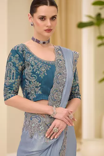 light grey shimmer faux satin embroidered saree