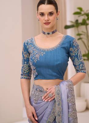 light grey shimmer faux satin embroidered saree 3