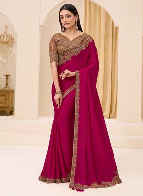 rani pink faux georgette satin embroidered saree 1