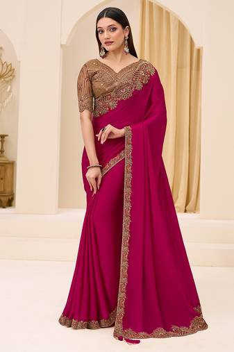 rani pink faux georgette satin embroidered saree