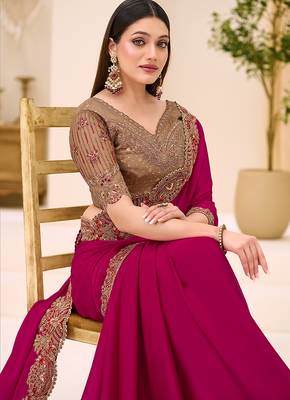 rani pink faux georgette satin embroidered saree 2
