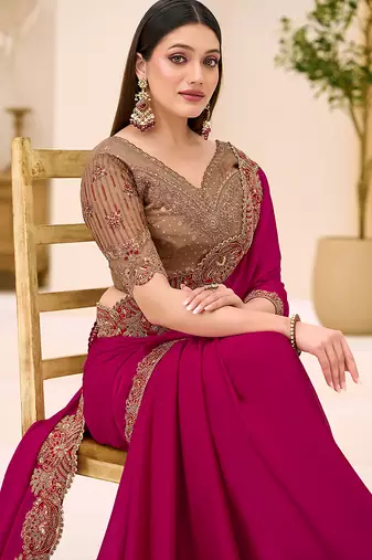 rani pink faux georgette satin embroidered saree