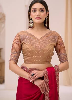 rani pink faux georgette satin embroidered saree 3