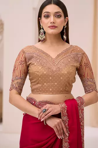 rani pink faux georgette satin embroidered saree