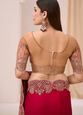 rani pink faux georgette satin embroidered saree 4
