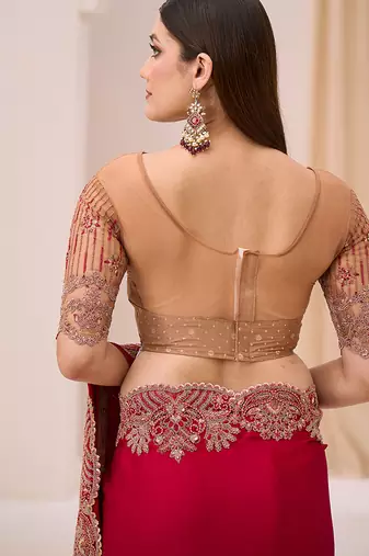 rani pink faux georgette satin embroidered saree